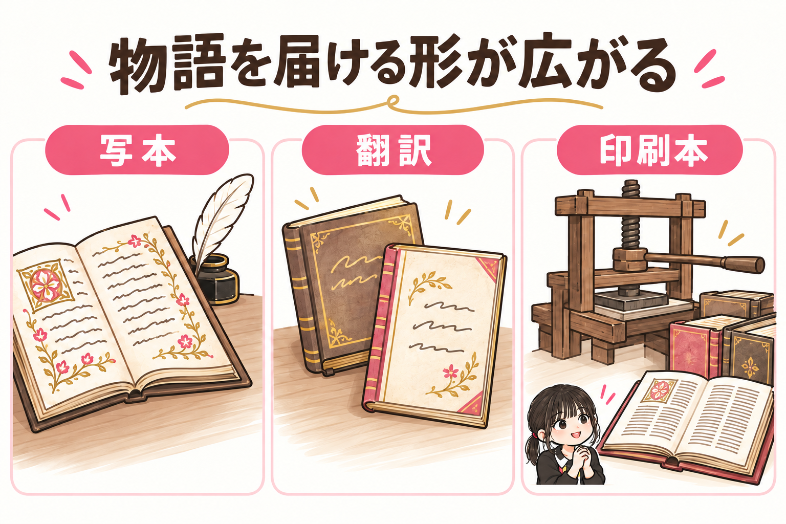 写本・翻訳・印刷本という、物語を届ける形を並べた図。