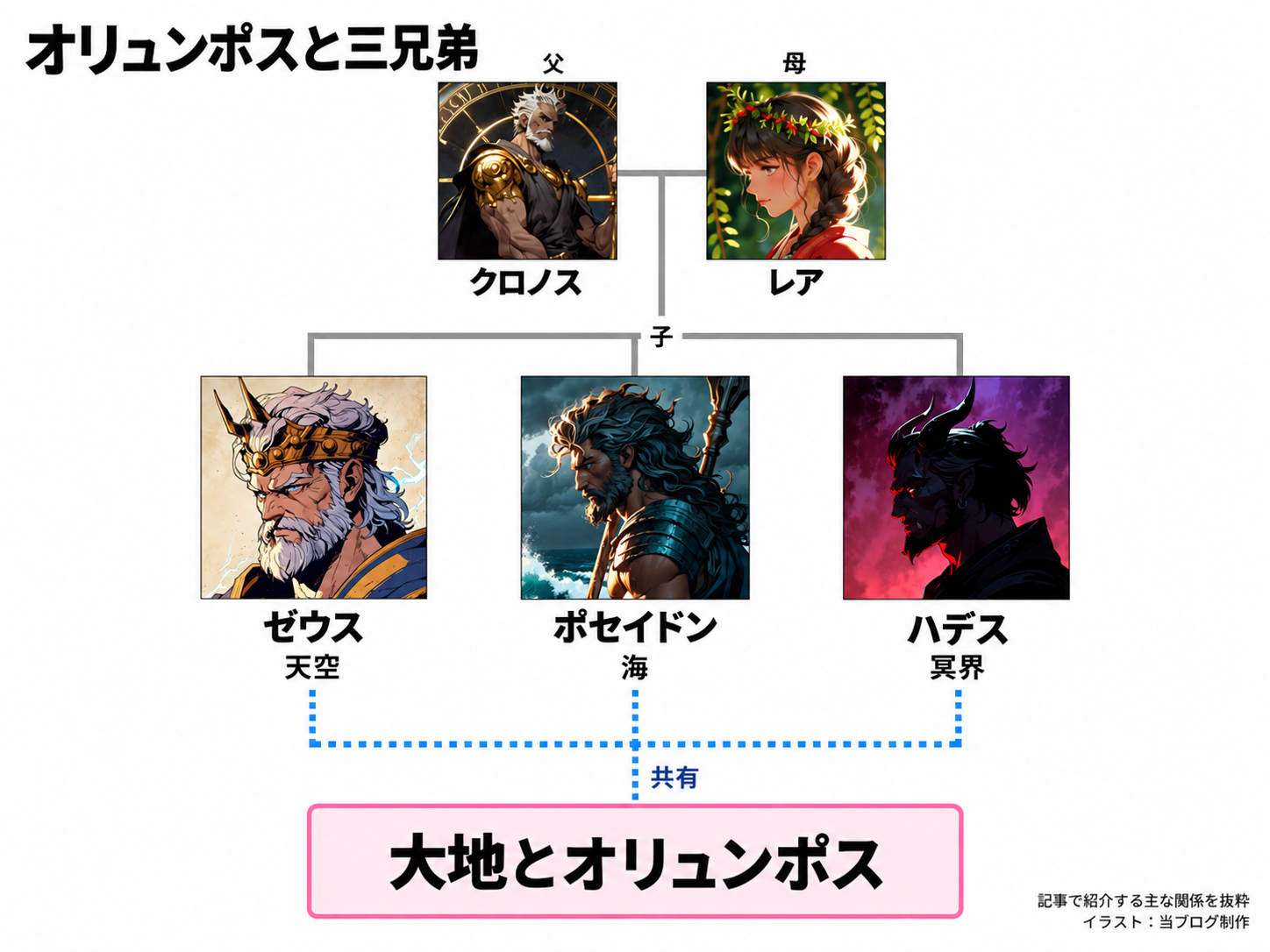 クロノスとレアの子ゼウスは天空、ポセイドンは海、ハデスは冥界を分担し、大地とオリュンポスを共有する